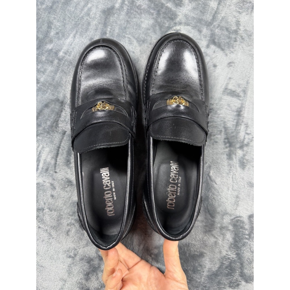 Roberto Cavalli Women 38.5 Black Leather Loafers Gold Logo Made in Italy - Picture 2 of 13